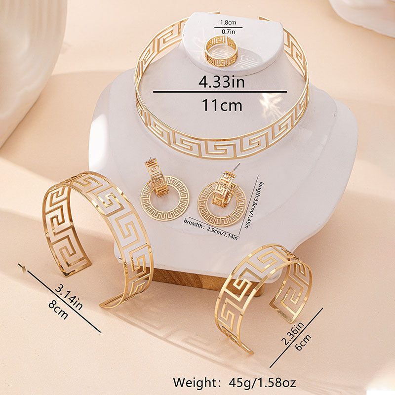 Gold-tone geometric jewelry set: choker, hoop earrings, and cuff bracelets with size guide