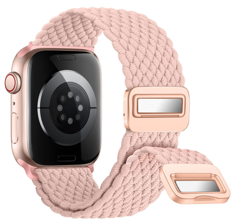 Smartwatch with a pink braided band on a white background