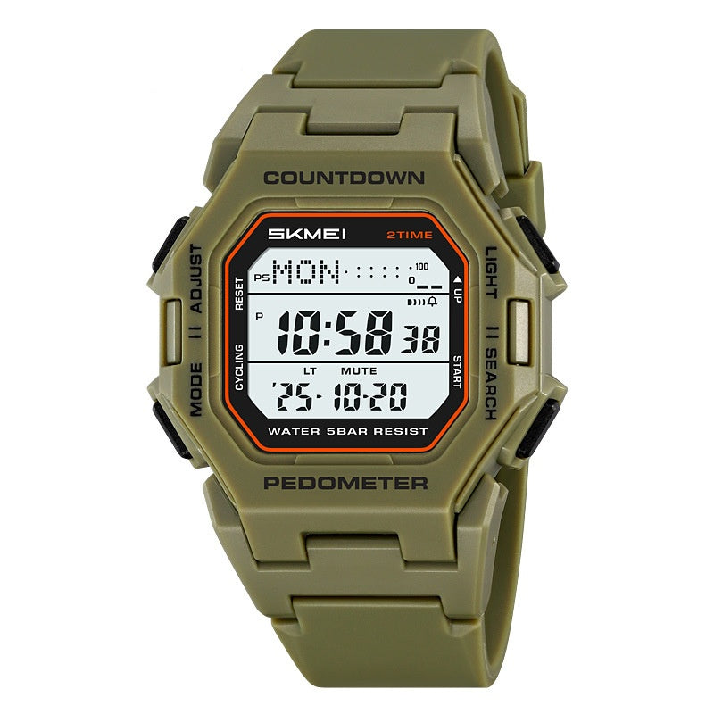 Army-green SKMEI digital sports watch with black side buttons and a rectangular display