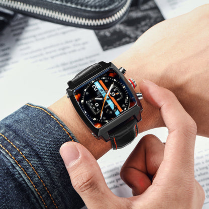 Person wearing a black smartwatch with a colorful display on a blurred background