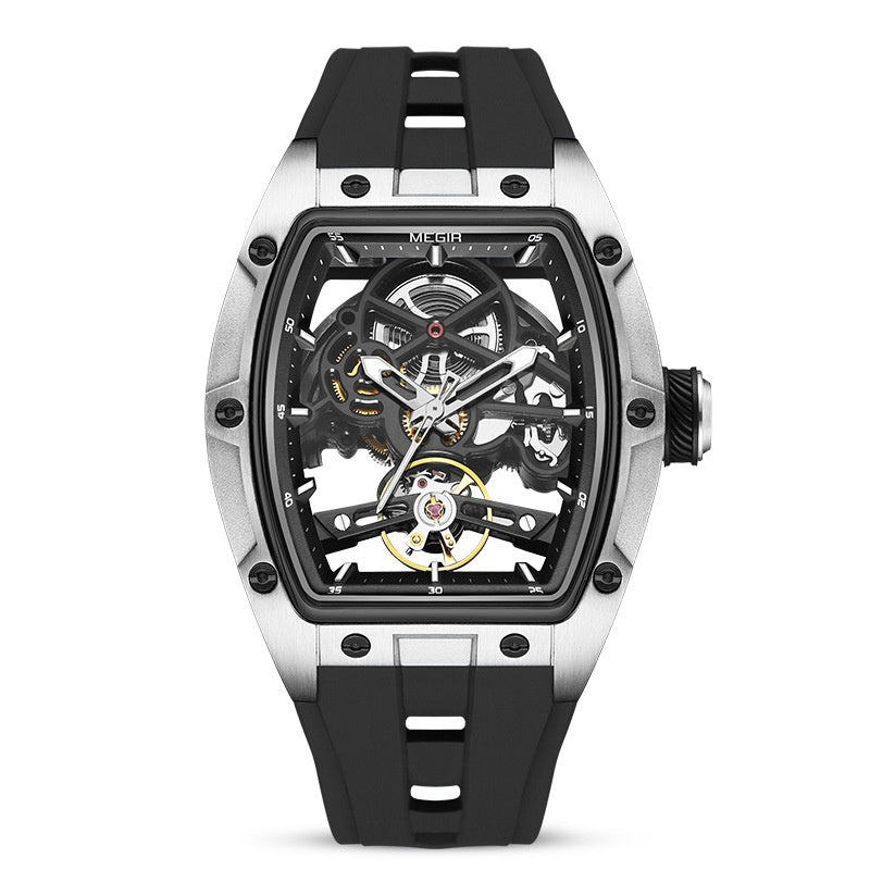 Luxury watch with black and silver design on a white background
