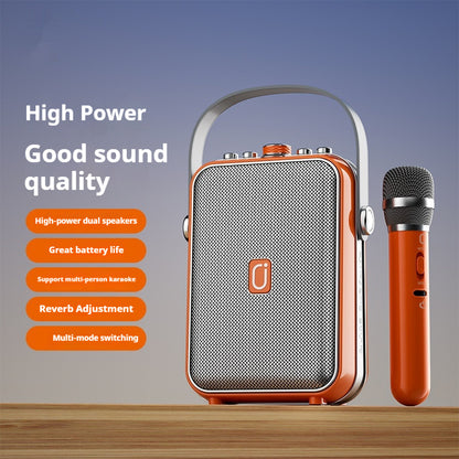 Black portable karaoke Bluetooth speaker with dual handheld microphones