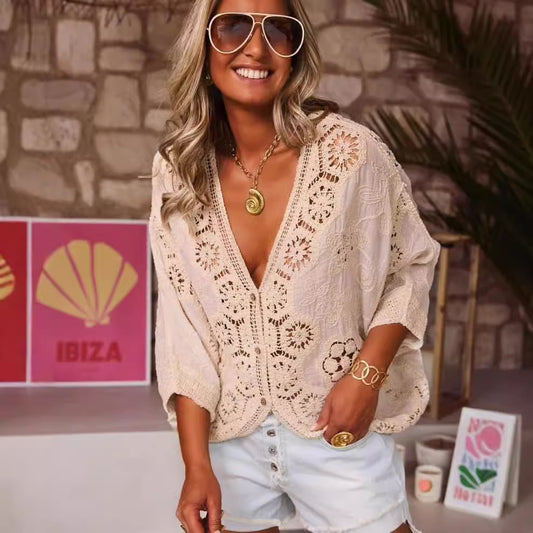 V-neck Lace Crochet Shirt