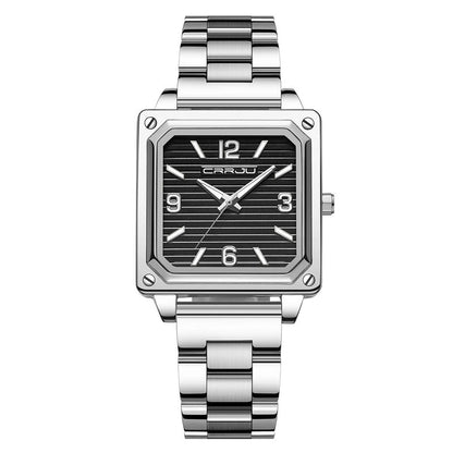 Unisex square waterproof quartz watch, silver metal bracelet, black dial with gold hour markers