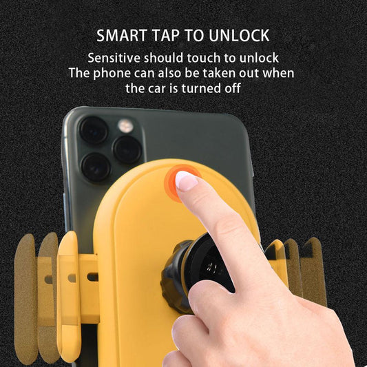 Yellow car wireless phone holder with touch unlock design and circular status display