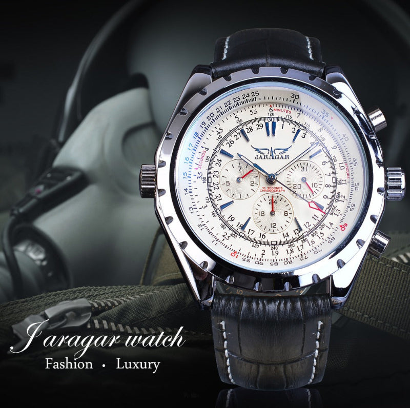 Luxury watch with black leather strap and detailed face on a dark background, featuring the brand 'Jaragar'.