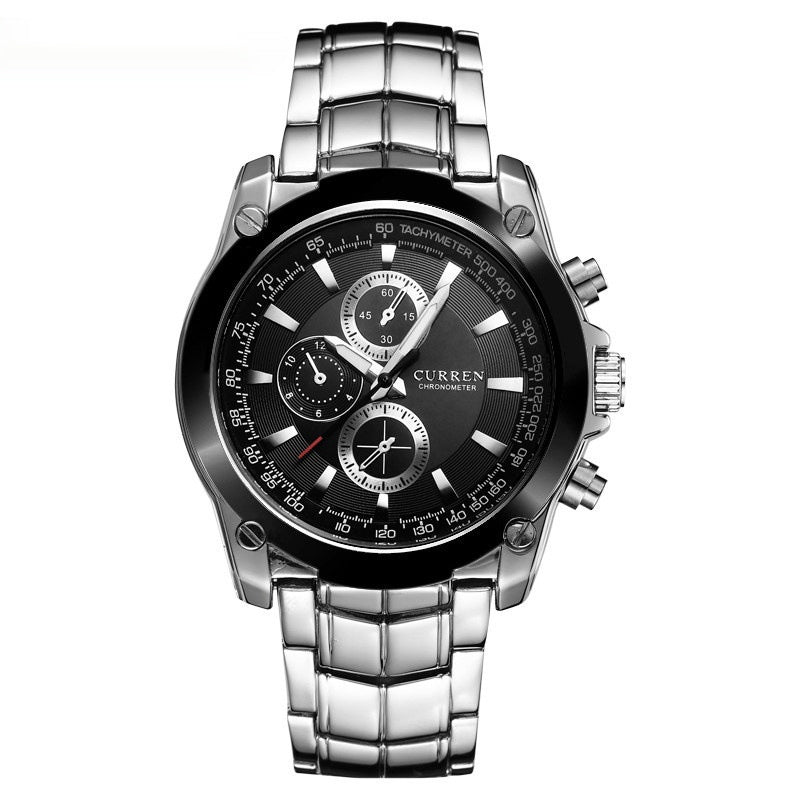 Men's business quartz watch with silver alloy bracelet and black multi-dial chronograph face