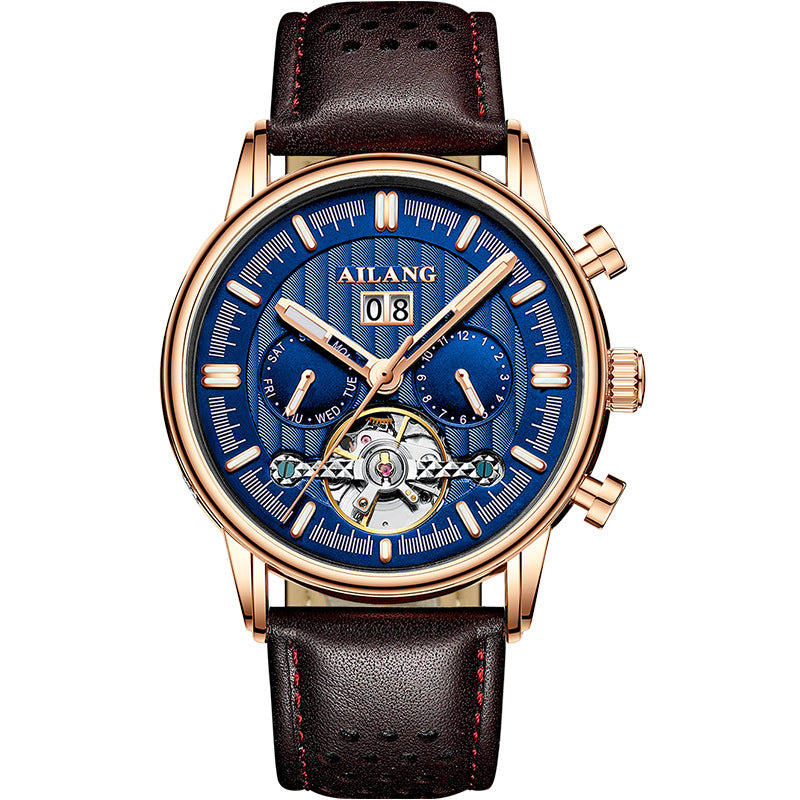 Watch with blue face and brown leather strap on a white background