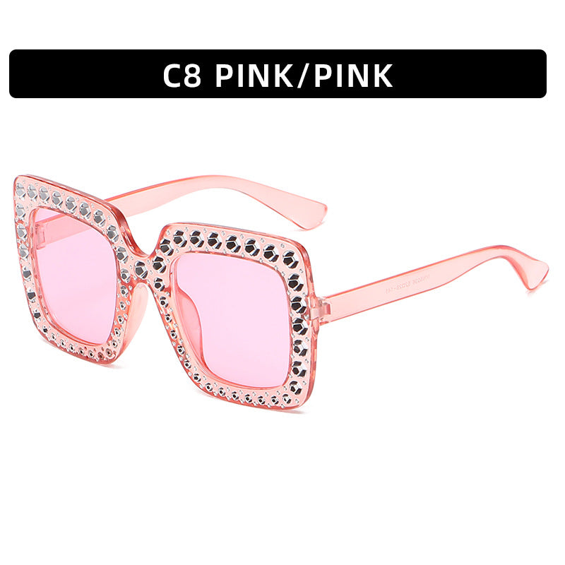 Square rhinestone sunglasses with pink frame and pink tinted lenses