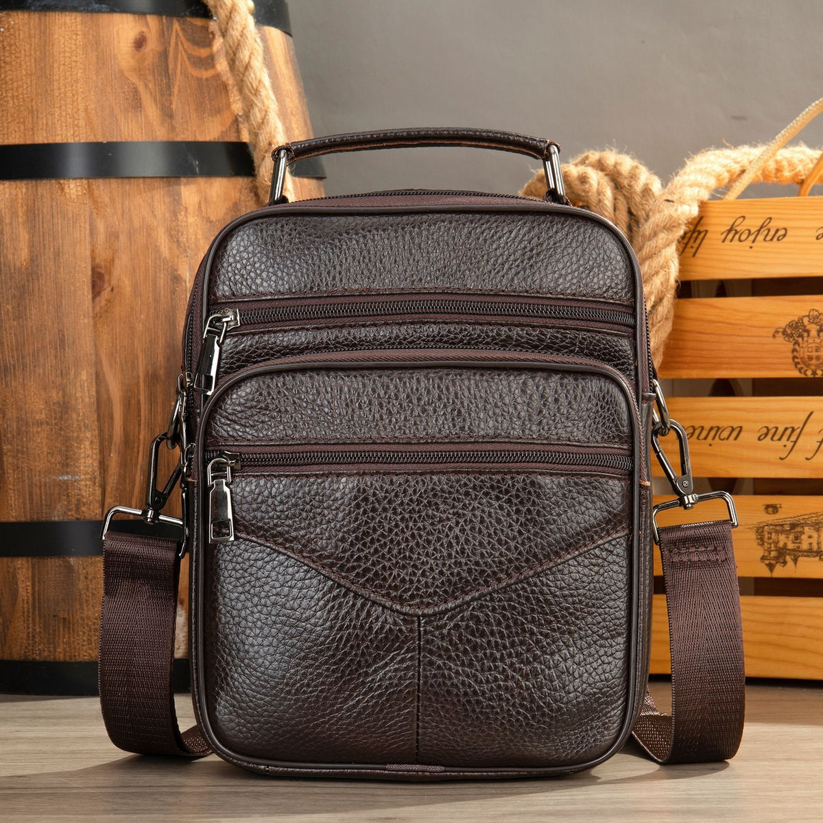 Men's genuine leather crossbody bag, dark textured leather front with double zip pockets