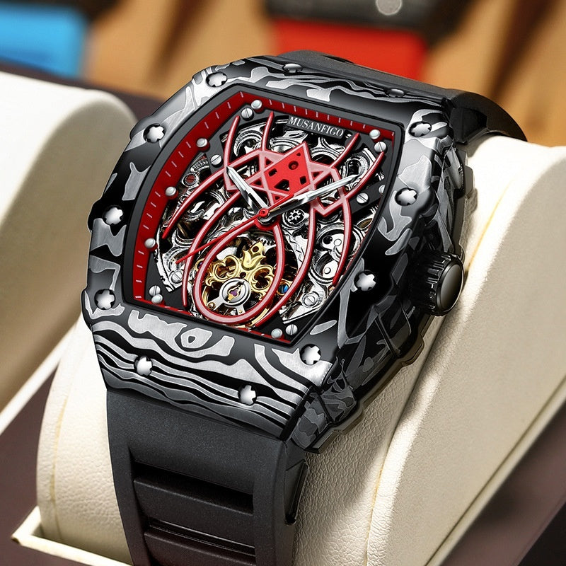 Automatic mechanical watch with black band, barrel case, red skeleton dial