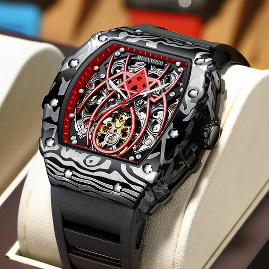 Automatic mechanical watch with black band, barrel case, red skeleton dial