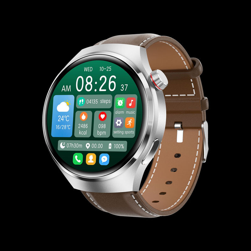 Silver-color round smartwatch with brown leather-style strap and green information display