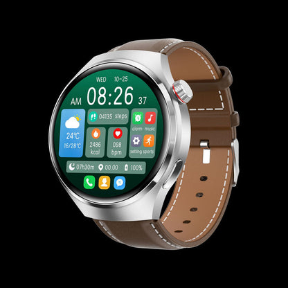 Silver-color round smartwatch with brown leather-style strap and green information display