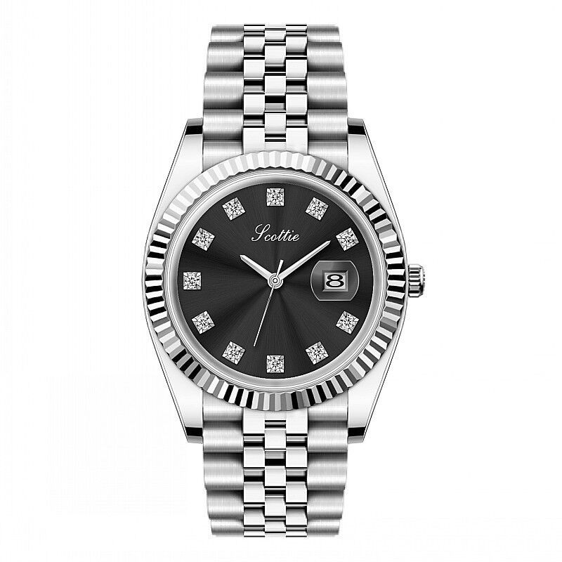 Women’s steel quartz watch with black dial, crystal markers, and silver link bracelet