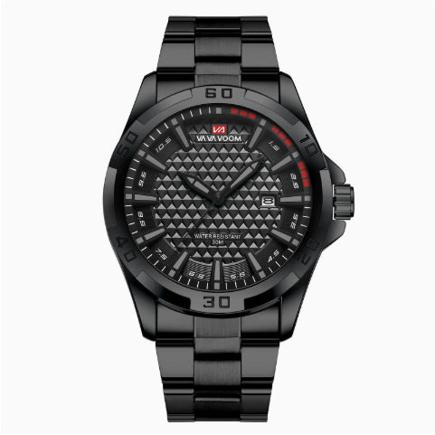 Men's black quartz wristwatch with textured black dial and black metal bracelet