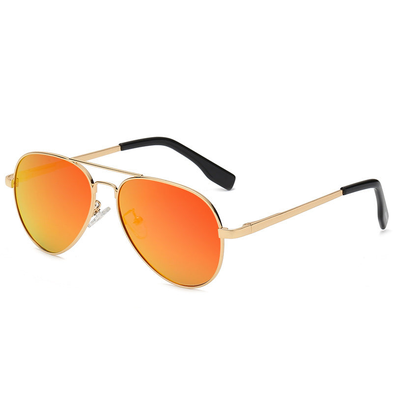 Polarized sunglasses with orange mirrored lenses and gold frame with black temples