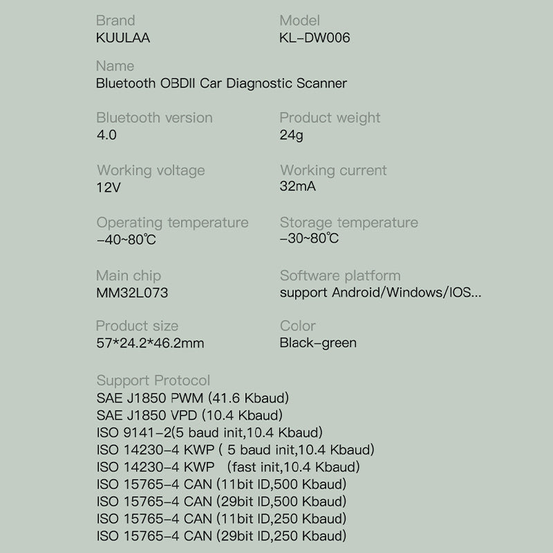 Technical specifications of a Bluetooth OBDII car diagnostic scanner on a gray background. YAXSO STORE 