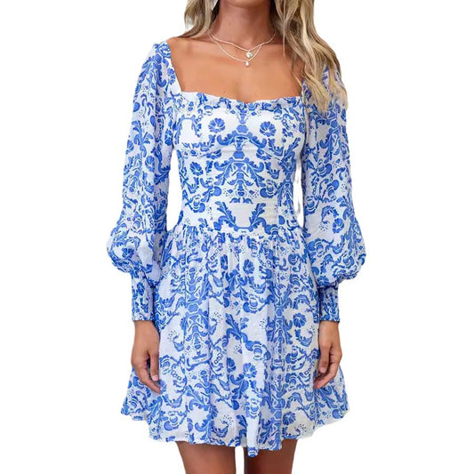 Women's Square Collar Printed Long Sleeve Mini Dress