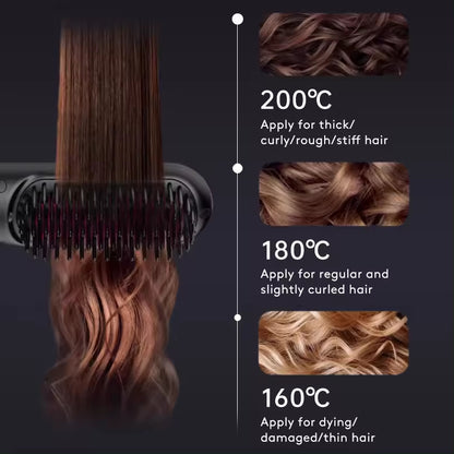Hair styling tool with temperature settings for different hair types on a dark background
