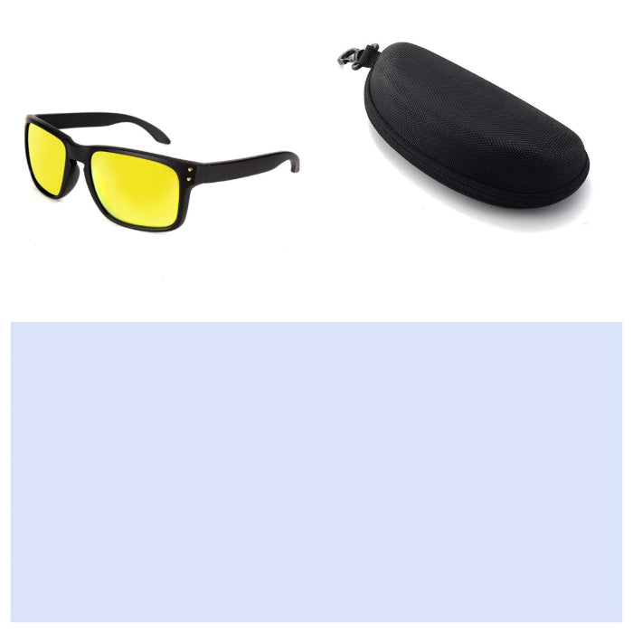 Men's sports sunglasses with black frame and yellow mirrored lenses, with hard case