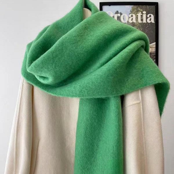 Women's wool-like scarf, green, fringed ends, thick knit look folded for a chunky drape