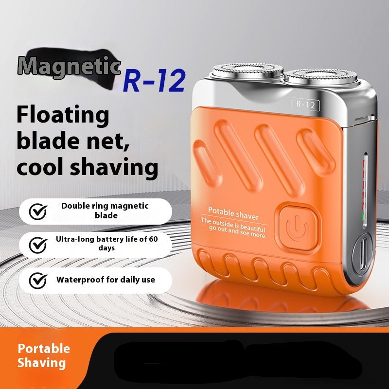 Orange and silver portable shaver with text highlighting features on a gray background
