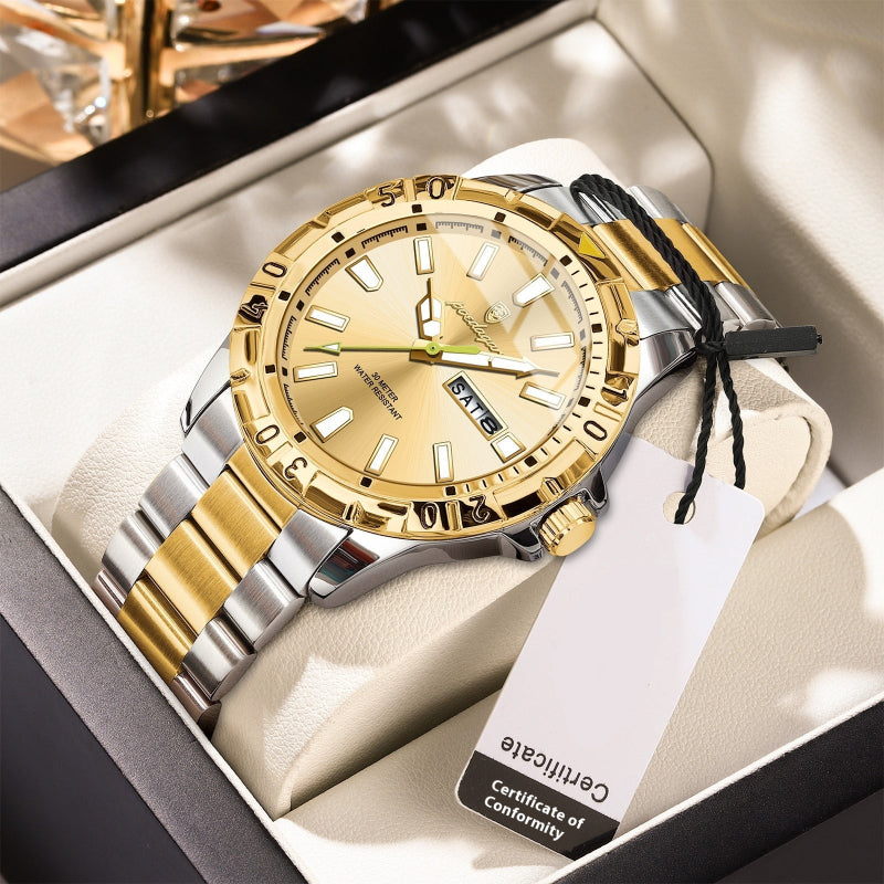 Gold and silver watch with a tag in a box