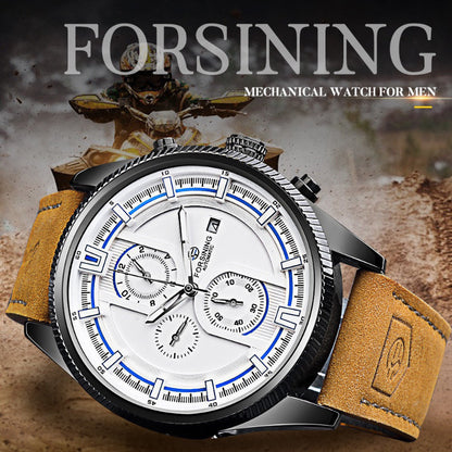 Mechanical watch with brown leather strap on a dark background, featuring the brand 'FORSINING'.