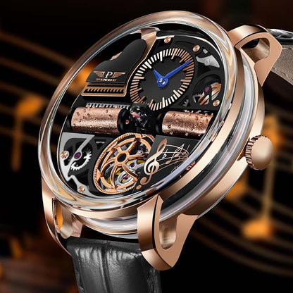 Luxury watch with intricate design and rose gold accents on a blurred background