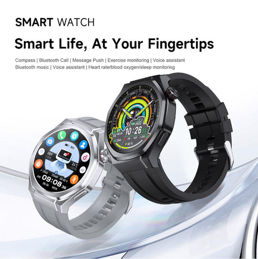 Smartwatch with colorful touchscreen display, black rubber strap and silver strap