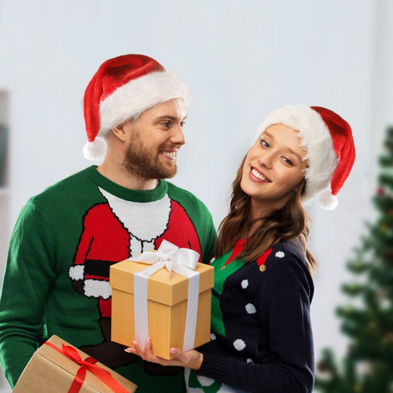 Red plush Christmas hat with white fur trim and pom-pom, no visible lights