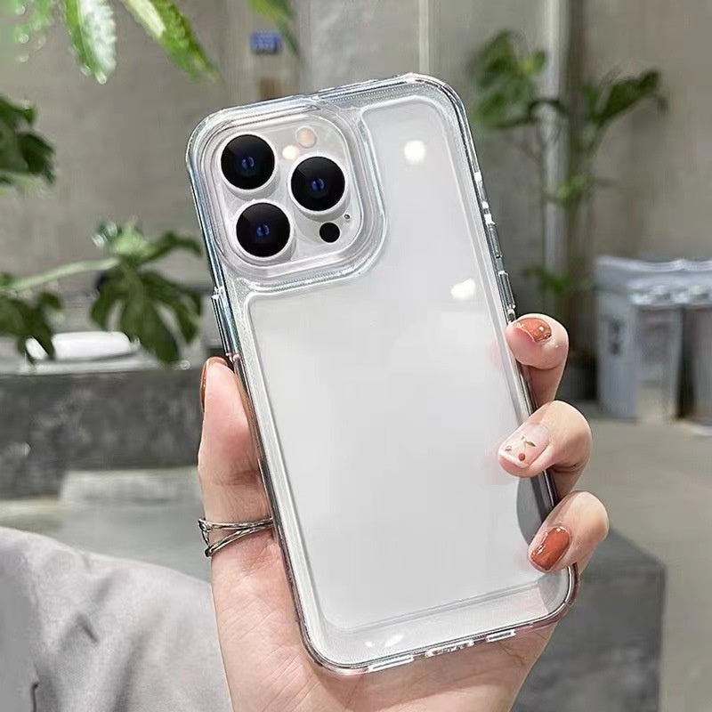 Transparent acrylic phone case with clear sides, camera cutouts, and button openings