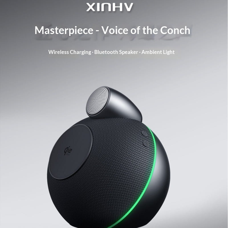 Black wireless fast-charging Bluetooth home speaker with top grille and green LED ring