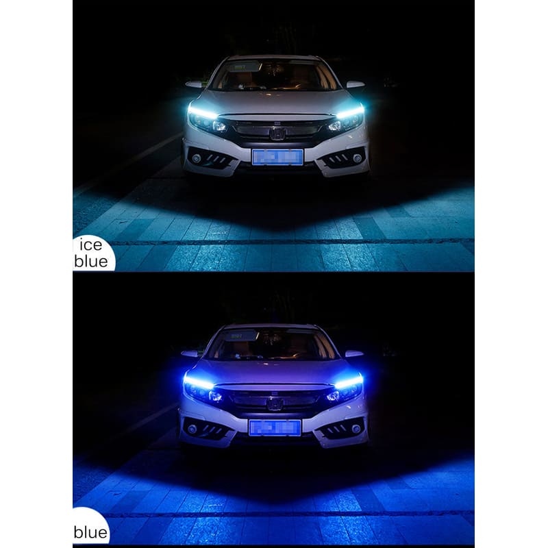 Car LED daytime running light strip emitting icy blue light in front view