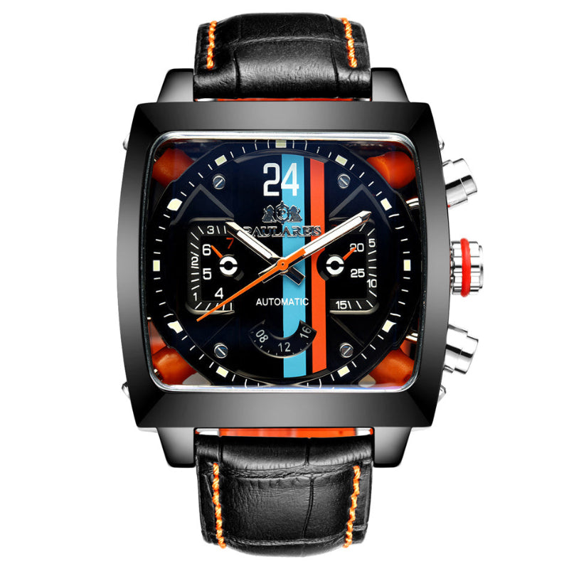 Wristwatch with black leather strap and colorful face on a white background