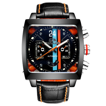 Wristwatch with black leather strap and colorful face on a white background