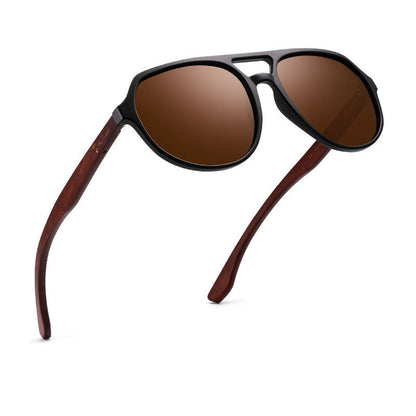 Sunglasses with brown lenses and wooden arms on a white background