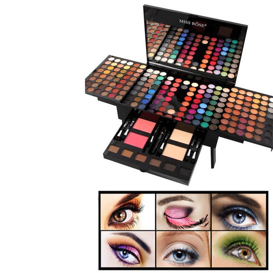 Makeup palette with eyeshadows and makeup samples on a white background
