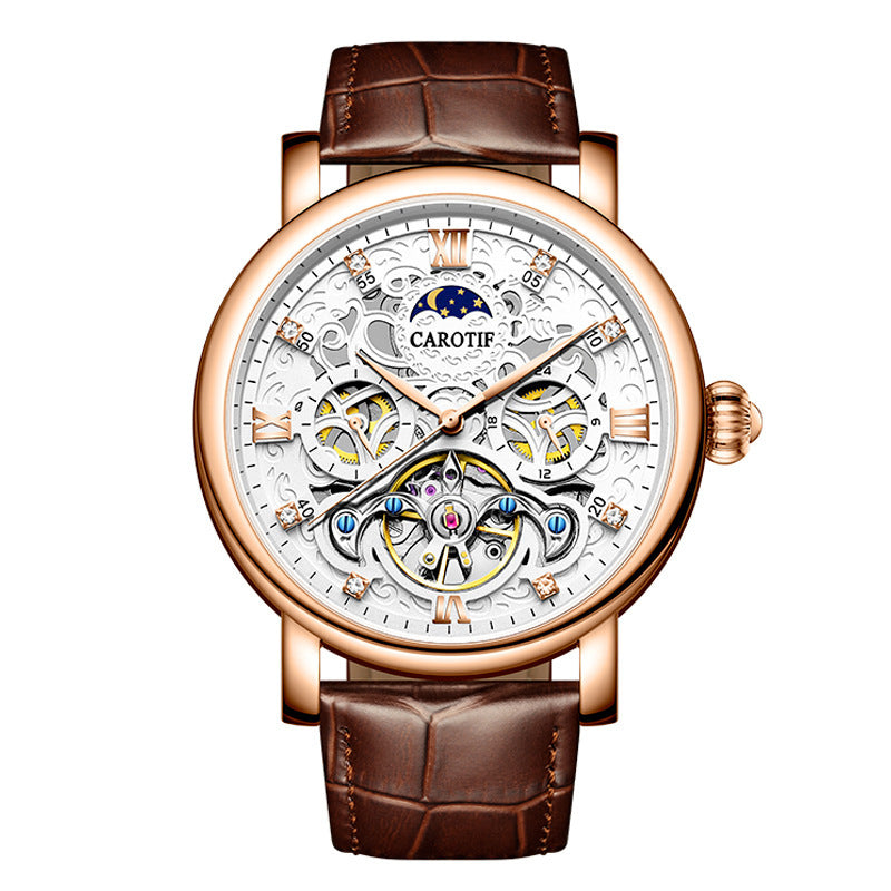 Luxury watch with brown leather strap and visible brand name on white background