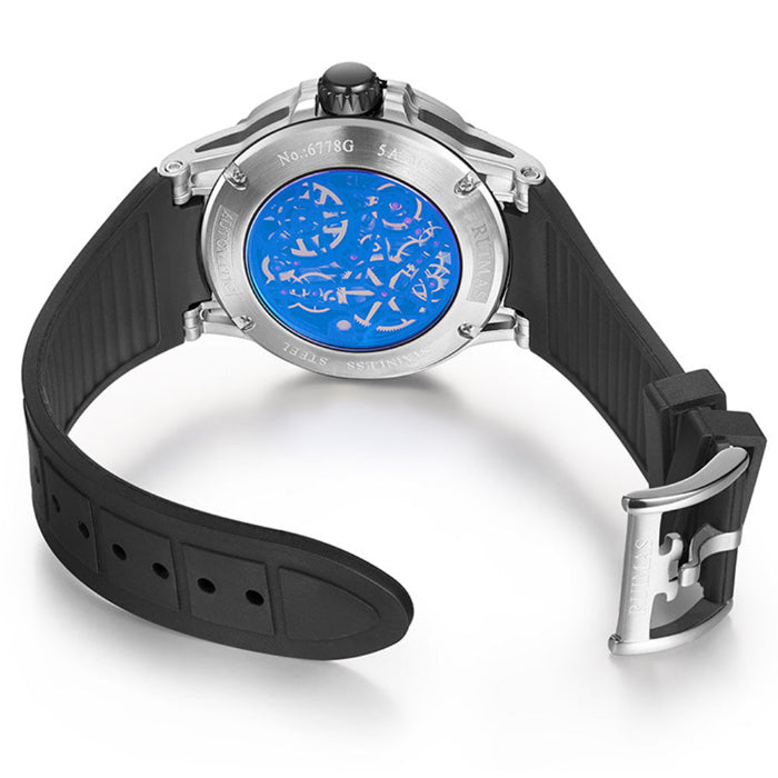 Watch with black strap and blue face on a white background