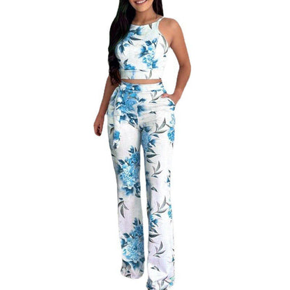 Two-piece Cropped Printed Vest High-waisted Wide-leg Pants