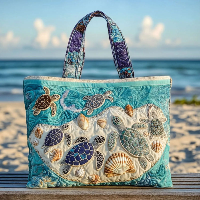 Printed tote bag with quilted sea turtles, shells, and teal and beige panels