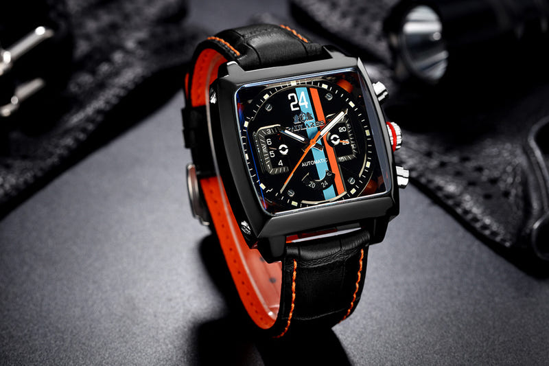 Men's square automatic mechanical watch, black case with red leather strap