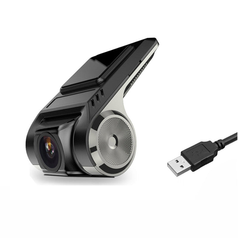Black dash camera with side ports and USB connector cable