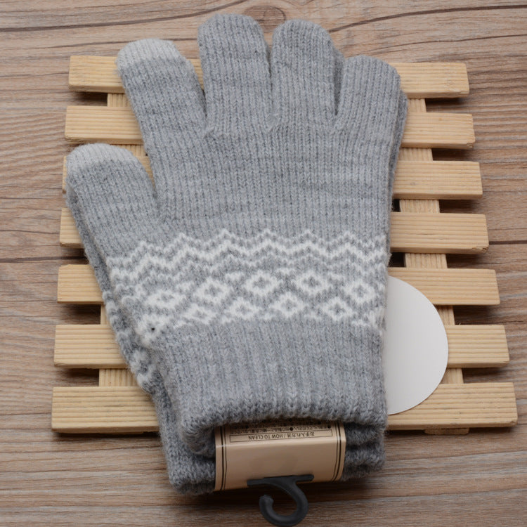 Gray knit gloves with white jacquard band and ribbed cuffs