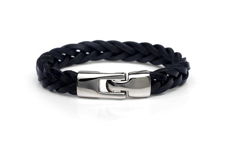 Black braided leather bracelet with silver-tone buckle clasp, laid flat.