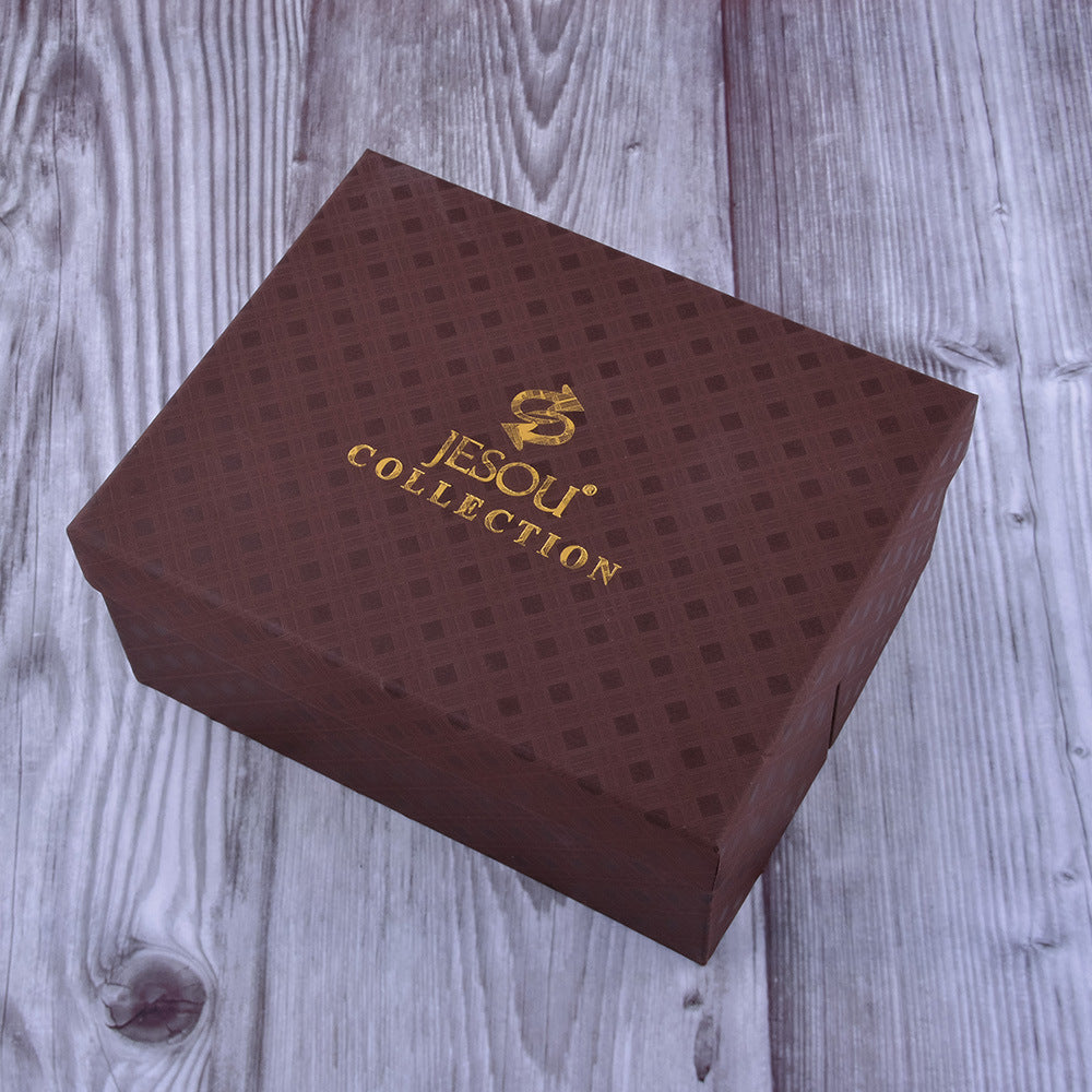 Men's brown gift box with gold logo, top view