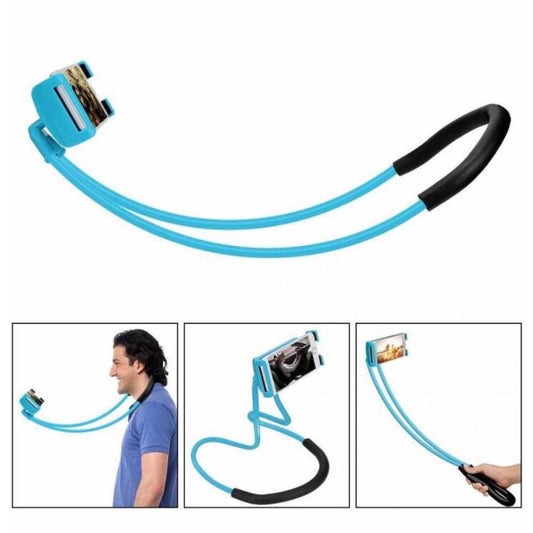 360-degree rotatable selfie phone holder with blue arms and black grip, cradle mount