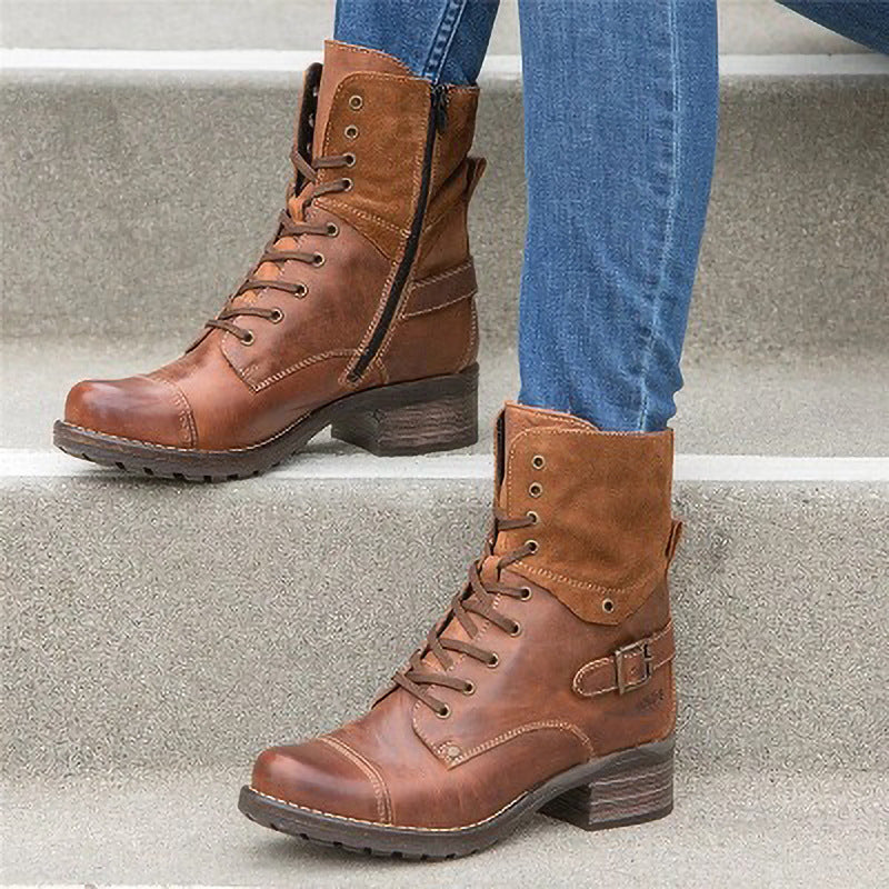 Women’s low-heeled ankle boots, round toe, brown lace-up with side strap detail